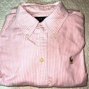 women’s pink and white pinstripe, slim fit, Oxford blouse by Ralph Lauren